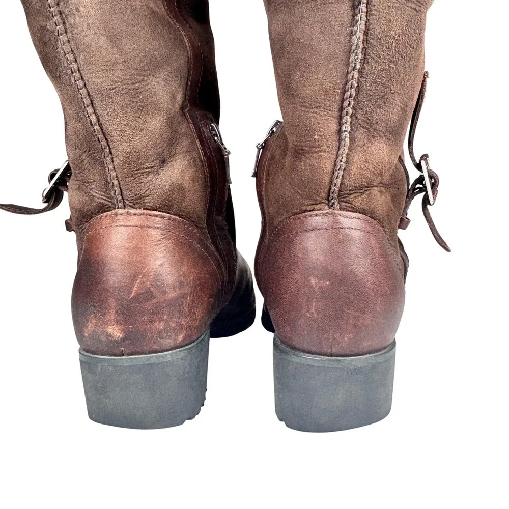 UGG Bellevue Sheepskin Foldover Boots Brown Leather Suede Shearling Buckle Sz‎ 8